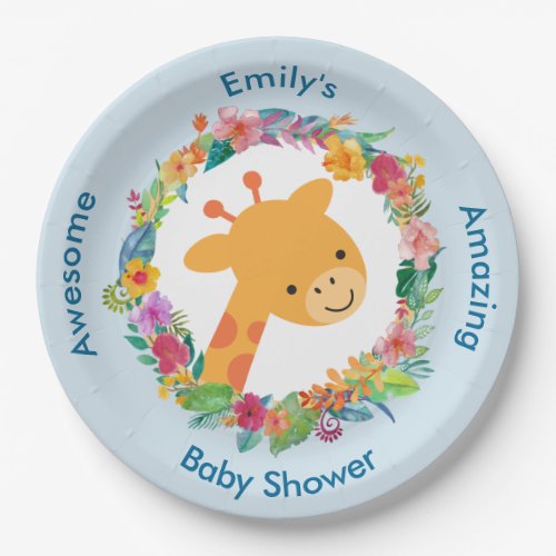 Cute Giraffe with a Floral Wreath Baby Shower Paper Plates