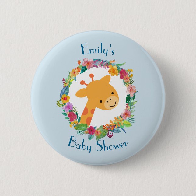 Cute Giraffe with a Floral Wreath Baby Shower Pinback Button (Front)