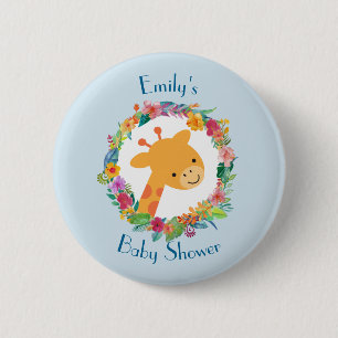 Cute Giraffe with a Floral Wreath Baby Shower Pinback Button