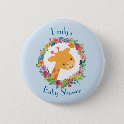 Cute Giraffe with a Floral Wreath Baby Shower Pinback Button