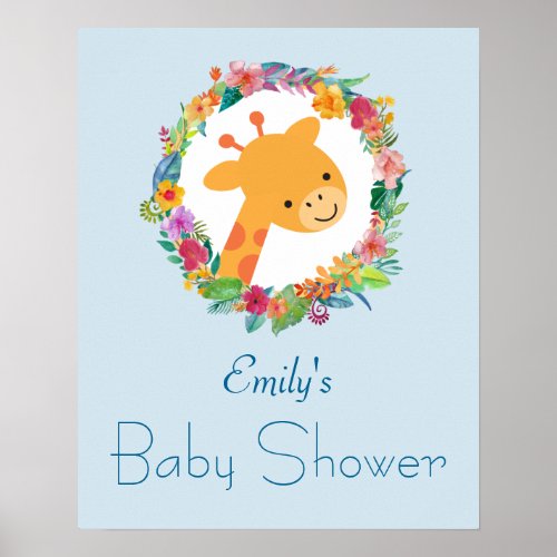 Cute Giraffe with a Floral Wreath Baby Shower Poster