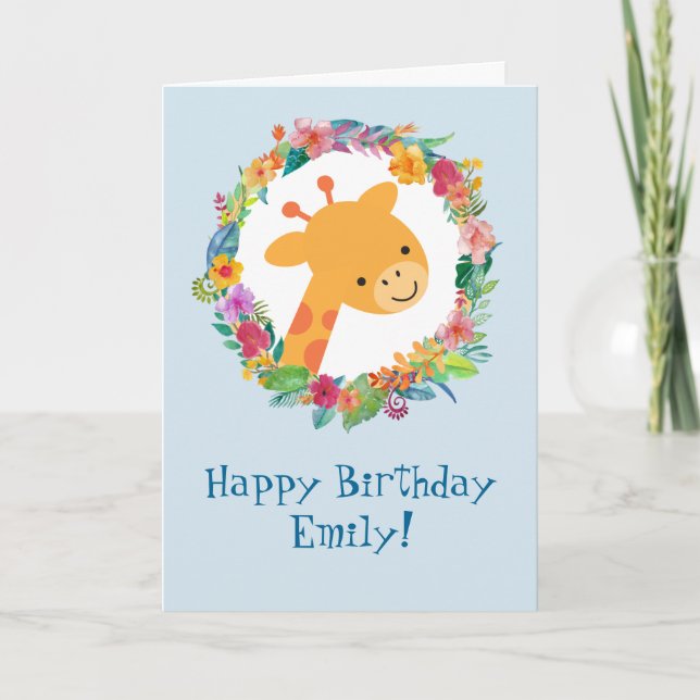 Cute Giraffe with a Floral Wreath Birthday Card (Front)