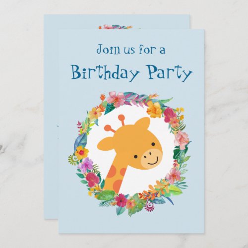 Cute Giraffe with a Floral Wreath Birthday Party Invitation