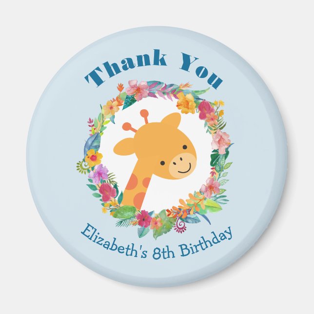 Cute Giraffe with a Floral Wreath Birthday Thanks Magnet (Front)