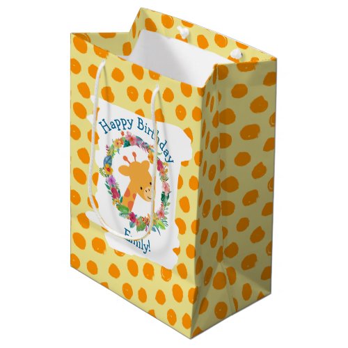 Cute Giraffe with a Floral Wreath Custom Birthday Medium Gift Bag