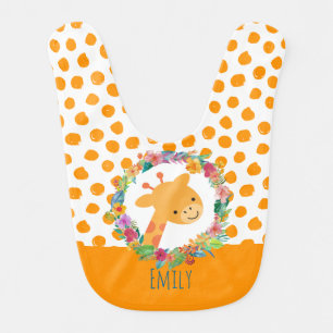 Cute Giraffe with a Floral Wreath on Orange Spots Baby Bib
