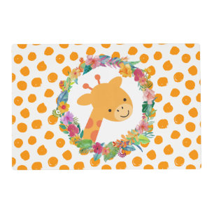 Cute Giraffe with a Floral Wreath on Orange Spots Placemat