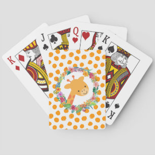 Cute Giraffe with a Floral Wreath on Orange Spots Poker Cards