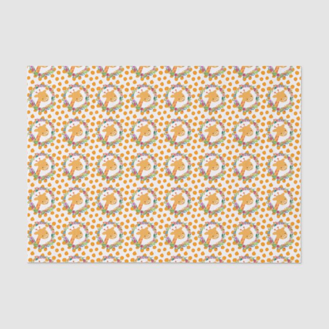 Cute Giraffe with a Floral Wreath on Orange Spots Tissue Paper (Front)