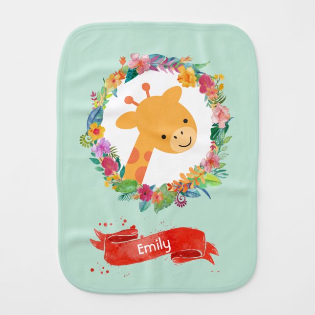 Cute Giraffe with a Floral Wreath Personalized Baby Burp Cloth (Front)