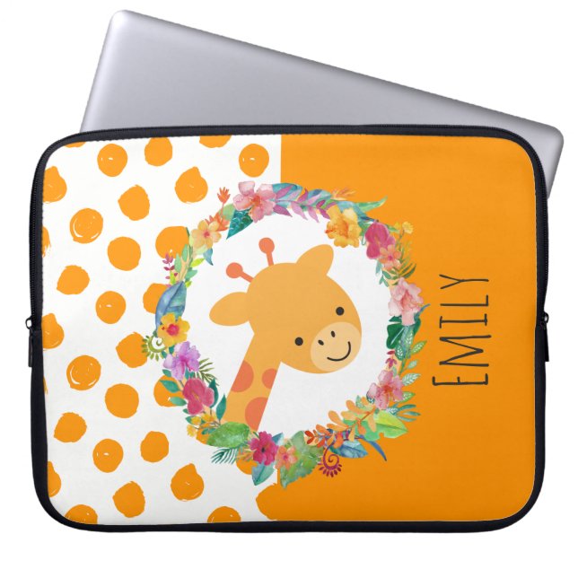 Cute Giraffe with a Floral Wreath Personalized Laptop Sleeve (Front)