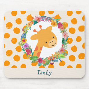 Cute Giraffe with a Floral Wreath Personalized Mouse Pad