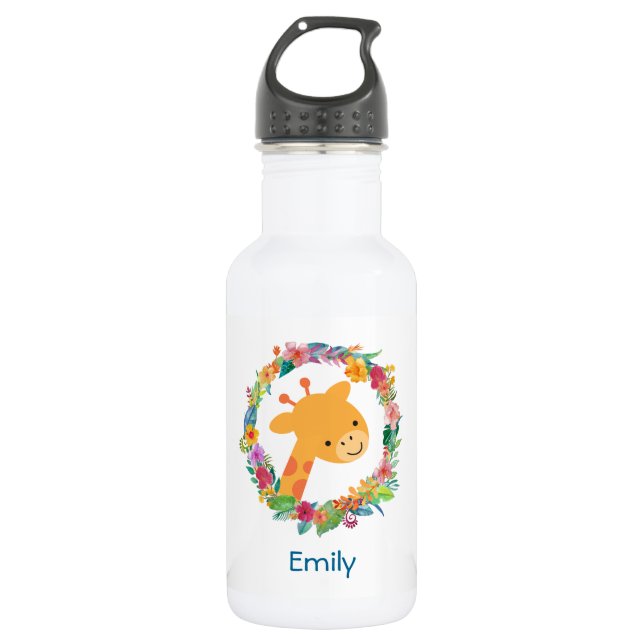 Cute Giraffe with a Floral Wreath Personalized Water Bottle (Front)