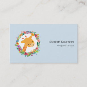 Cute Giraffe with a Watercolor Floral Wreath Business Card