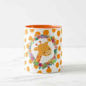 Cute Giraffe with a Watercolor Floral Wreath Two-Tone Coffee Mug