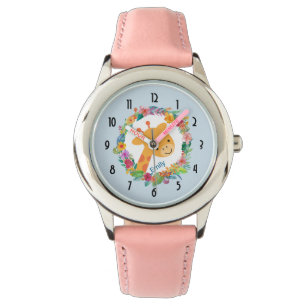 Cute Giraffe with a Watercolor Floral Wreath Watch