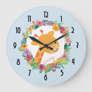 Cute Giraffe with a Wreath of Watercolor Flowers Large Clock