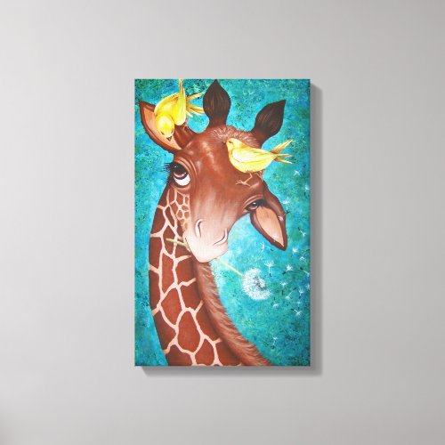 Cute Giraffe with Birds Painting Canvas Print