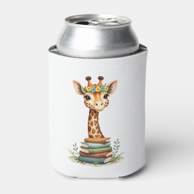 Cute Giraffe With Book Floral Bookworm Librarian B Can Cooler (Can Front)
