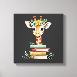 Cute Giraffe With Book Floral Bookworm Librarian B Canvas Print