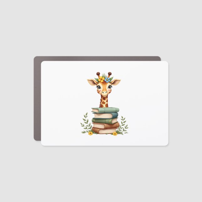 Cute Giraffe With Book Floral Bookworm Librarian B Car Magnet (Front)