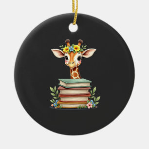 Cute Giraffe With Book Floral Bookworm Librarian B Ceramic Ornament