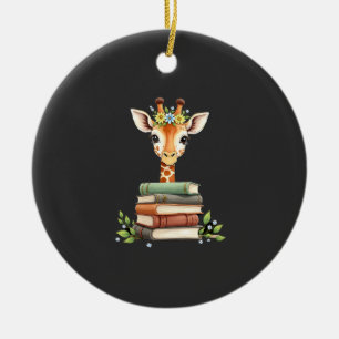 Cute Giraffe With Book Floral Bookworm Librarian B Ceramic Ornament