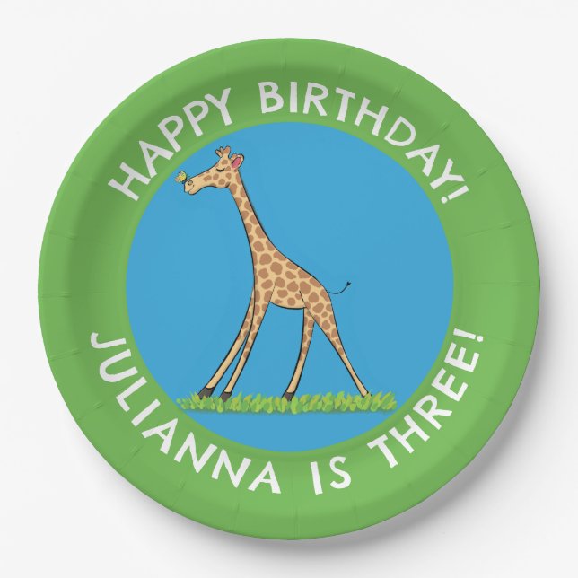 Cute giraffe with butterfly cartoon birthday paper plates (Front)