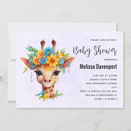 Cute Giraffe with Floral Crown Baby Shower Invitation