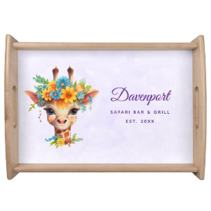 Cute Giraffe with Floral Crown Bar & Grill Serving Tray