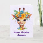 Cute Giraffe with Floral Crown Birthday Card