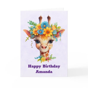 Cute Giraffe with Floral Crown Birthday Card