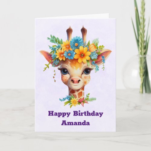 Cute Giraffe with Floral Crown Birthday Card