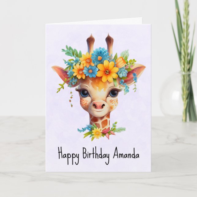 Cute Giraffe with Floral Crown Birthday Card (Front)
