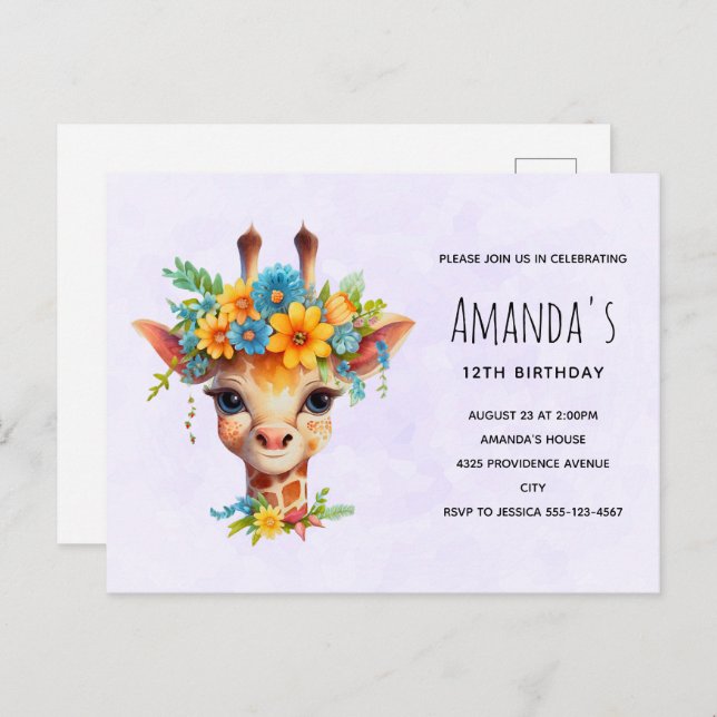 Cute Giraffe with Floral Crown Birthday Invitation Postcard (Front/Back)