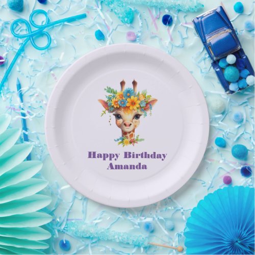 Cute Giraffe with Floral Crown Birthday Paper Plates