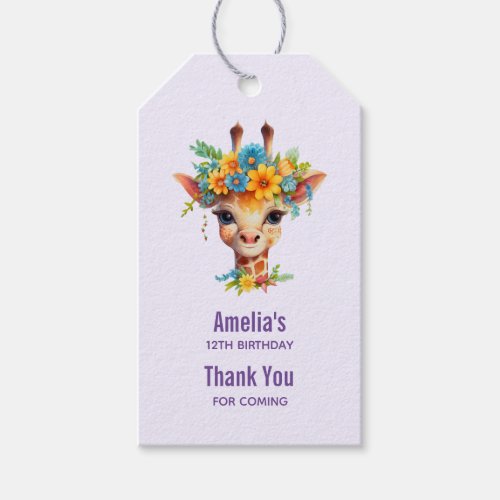 Cute Giraffe with Floral Crown Birthday Thank You Gift Tags