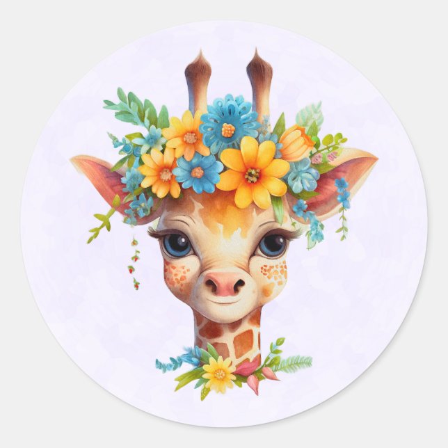 Cute Giraffe with Floral Crown Classic Round Sticker (Front)
