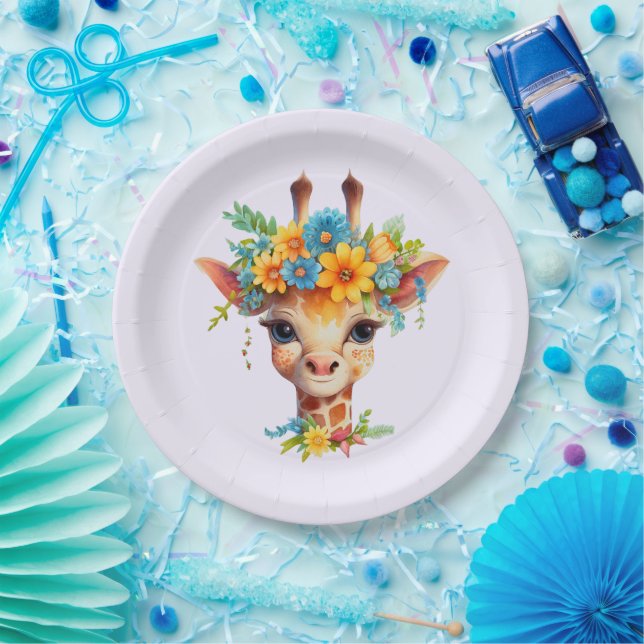 Cute Giraffe with Floral Crown Paper Plates (Party)