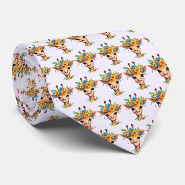  Cute Giraffe with Floral Crown Patterned Neck Tie (Rolled)
