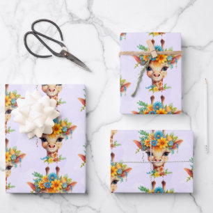 Cute Giraffe with Floral Crown Patterned Wrapping Paper Sheets