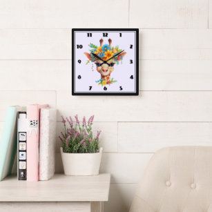 Cute Giraffe with Floral Crown Square Wall Clock