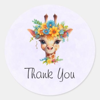 Cute Giraffe With Floral Crown Thank You Classic Round Sticker by Mirribug at Zazzle