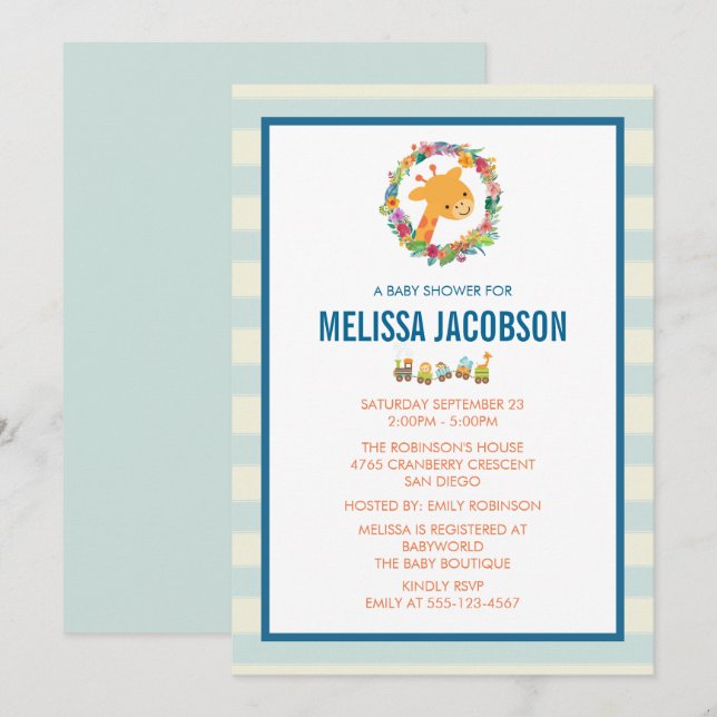 Cute Giraffe with Floral Wreath Baby Shower Invite (Front/Back)