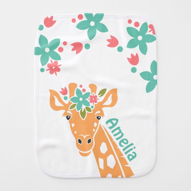 Cute Giraffe with Flower Crown Personalised Baby Burp Cloth (Front)