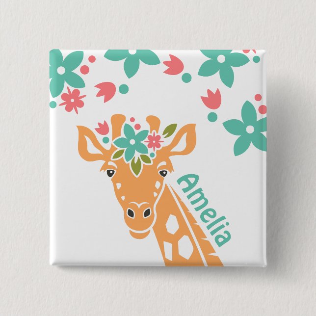 Cute Giraffe with Flower Crown Personalised Button (Front)