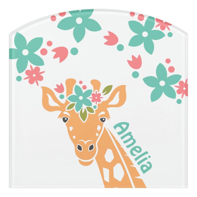 Cute Giraffe with Flower Crown Personalised Door Sign (Contour Front)
