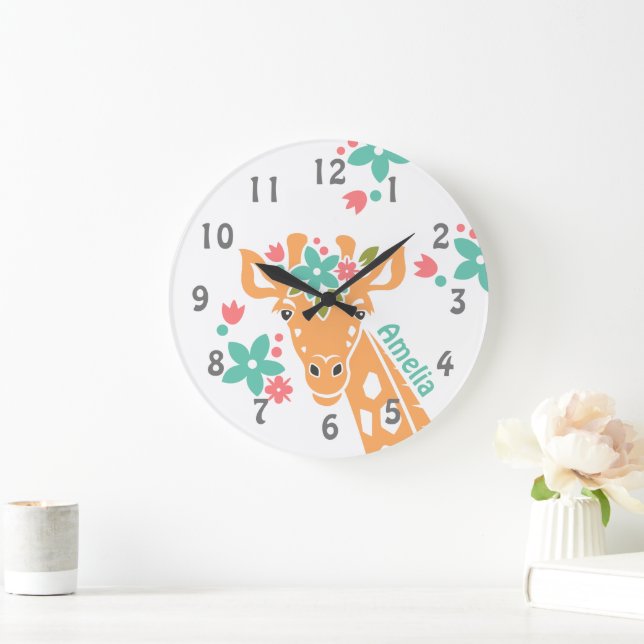 Cute Giraffe with Flower Crown Personalised Large Clock (Home)