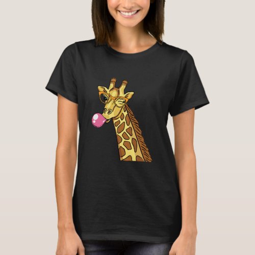 Cute Giraffe With Glasses Chewing Gum T_Shirt