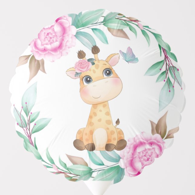 Cute Giraffe with Pink Peony Girl Baby Shower Balloon (Front)